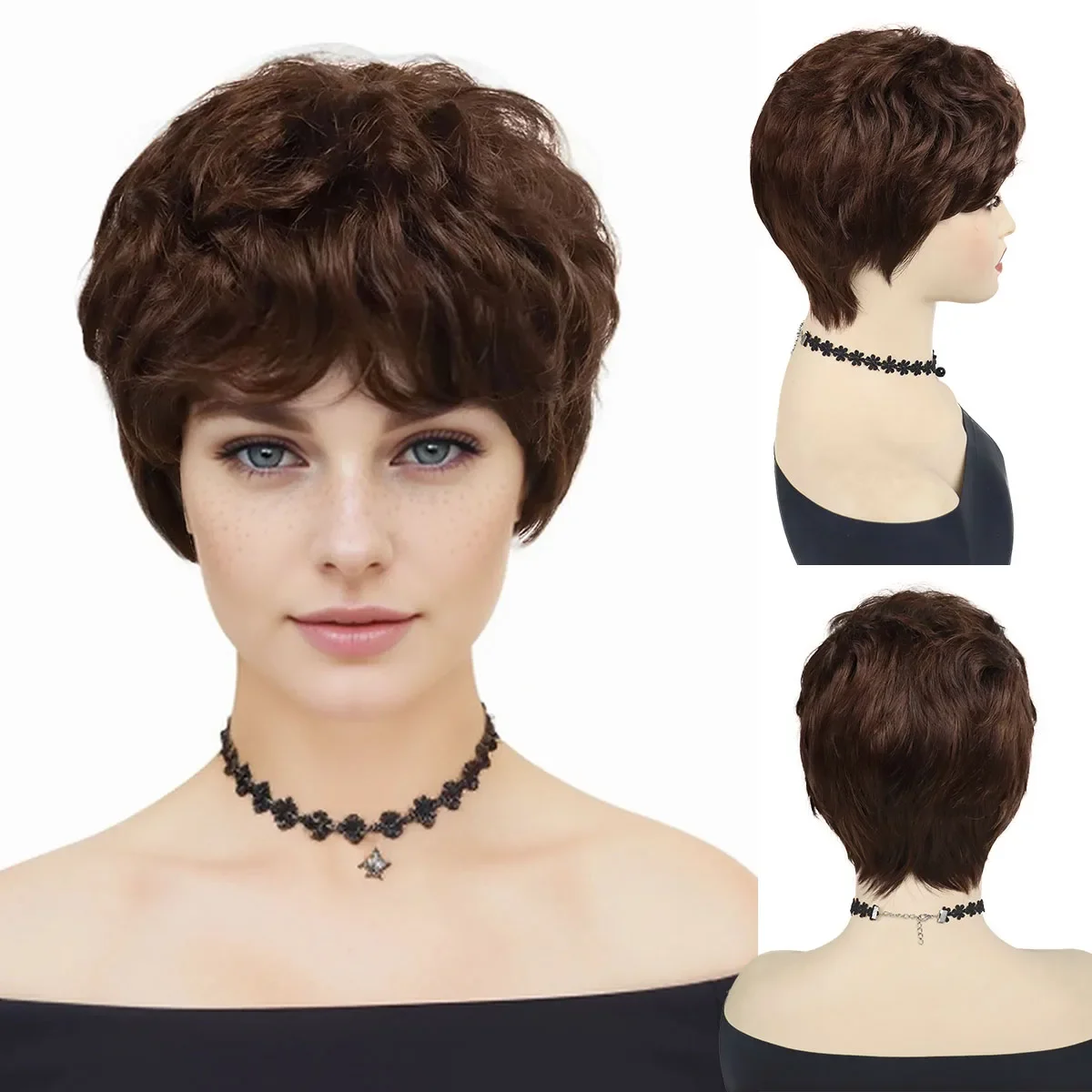 Short Wigs for Women Synthetic Hair Brown Curly Wig with Bangs Natural Hairstyles Casual Wig for Mother Gifts Average Cap Size