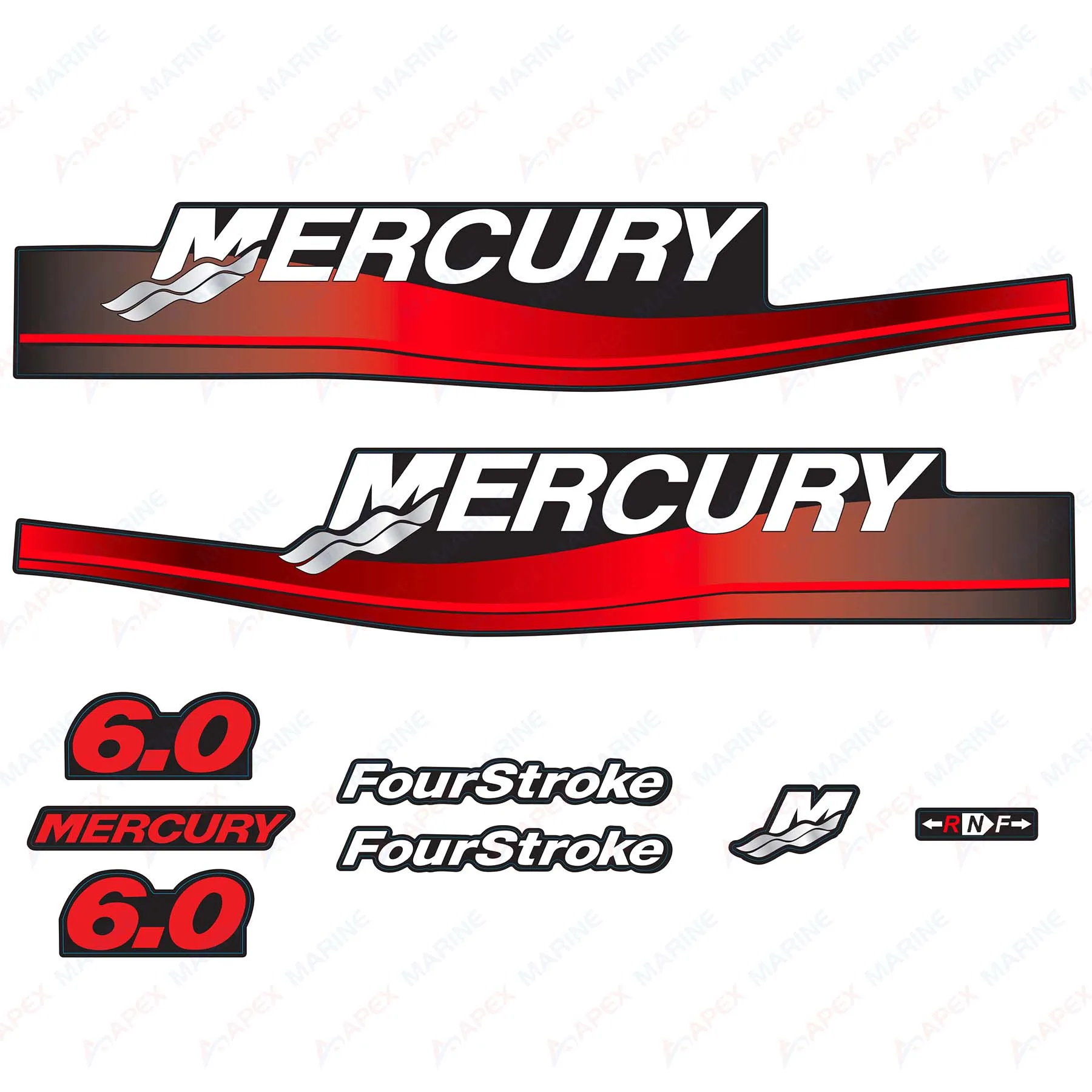 Decals for Mercury 6 HP Four Stroke Outboard Engine Red Decal Kit Sticker Set Reproduction 6HP 4 Stroke