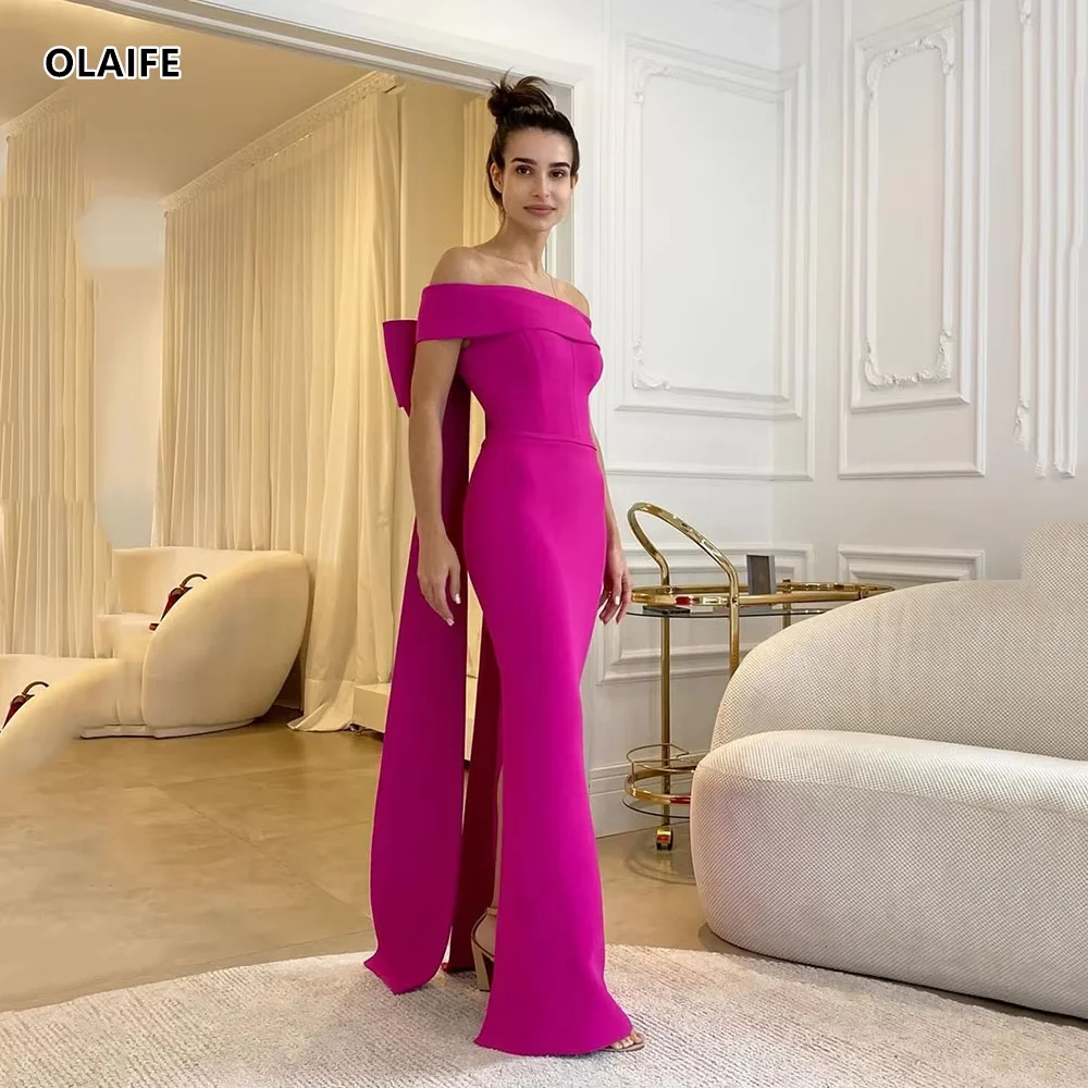 OLAIFE Mermaid Evening Dresses With Big Bow Soft Satin Pleated Off The Shoulder Prom Dress Women Arabia Celebrity Gowns