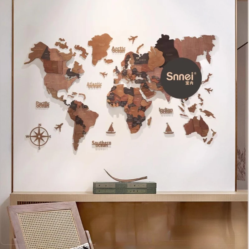 Nordic Decorative Painting Wood Splice 'World Map' 3D Stereo Mural Living Room Wall Decor Office Pendant تحف كبيره للمنزل