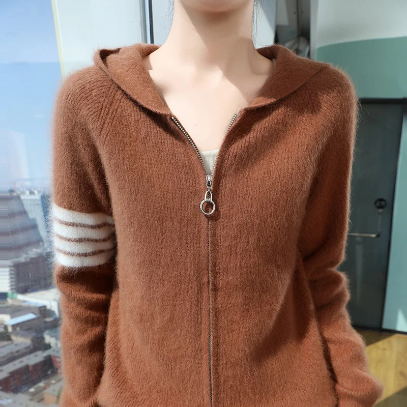 100% Mink Cashmere Sweater Women's Zipper Hooded Knitted Cardigan Autumn Winter New Thick Warm Hooded Sweater Long Sleeved Tops