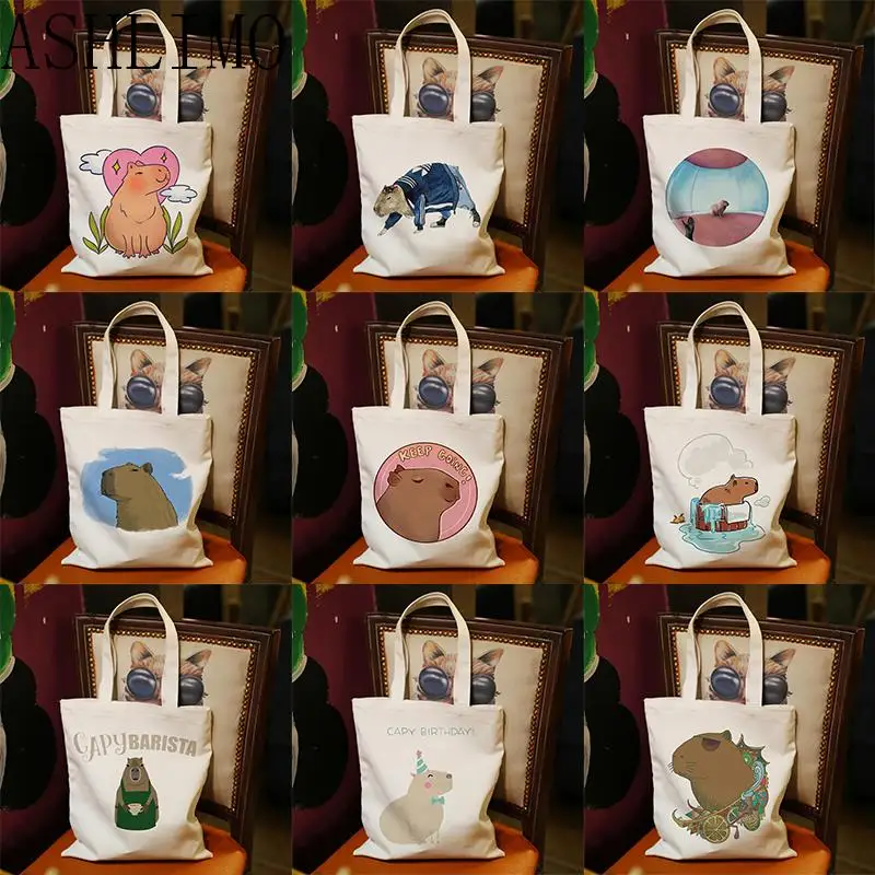 Women Shoulder Bags Cute Capybara Print Reusable Shopping Bag  Canvas Tote Bags Printing Eco Bag Cartoon Large Shopper Beach Bag