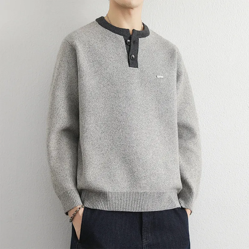 

Мужской вязаный свитер с открытым передом и воротником-хенли, осенне-зимняя верхняя одежда, повседневный стиль, длинный рукав, смесь полиэстера