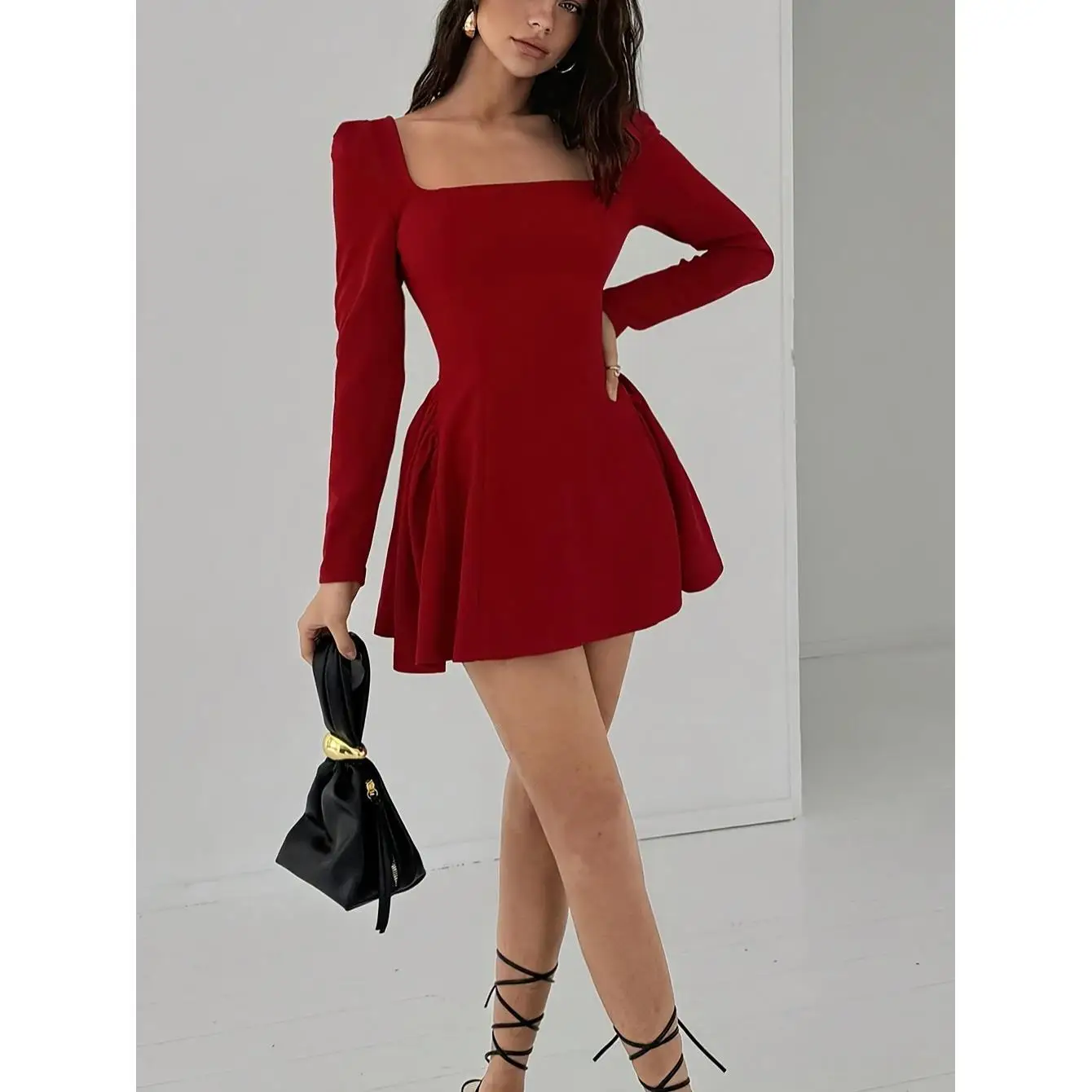 Maglia a maniche lunghe slim fit con collo quadrato, gonna a trapezio in maglia per autunno, nuovo arrivo per taglie piccole...