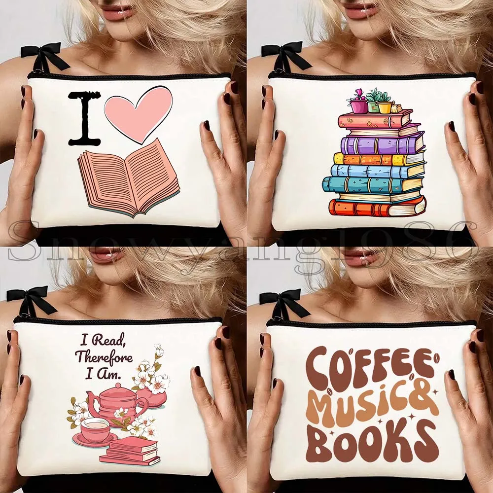 

4pcs Aesthetic Floral Stack of Books Coffee Flowers Book Quotes Reading Canvas Cosmetic Makeup Toilet Bag Pencil Case Pouch