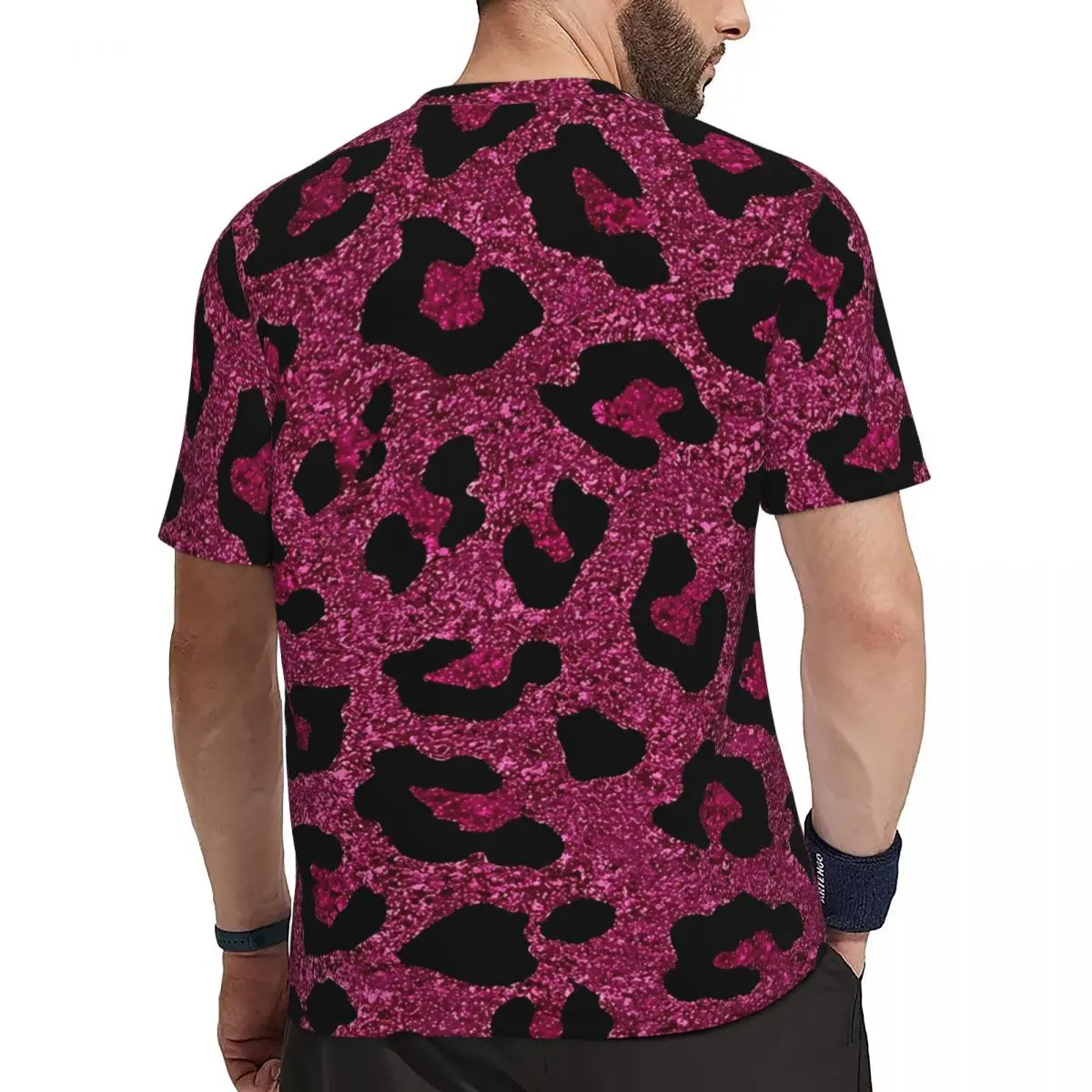 Pink Glitter Leopard Print Sports T-Shirt Hippie T-Shirts Men Y2K Basic Tee Shirt Beach Short Sleeves Design Clothing