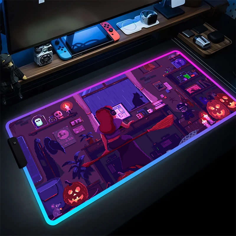 

Gaming Mouse Pad RGB Computer Pixel Art Anime Mousepad Kawaii Girl Desk Mat LED PC Carpet Gamer Accessories Table Keyboard Pad