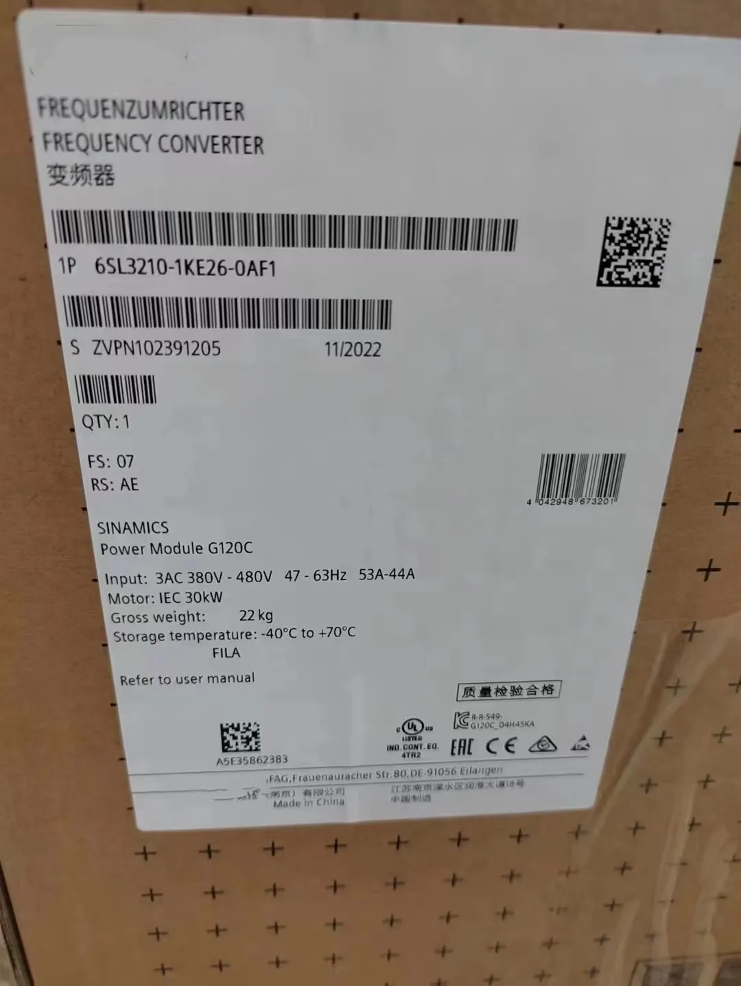 6SL3210-1KE26-0AF1 Brand new SINAMICS G120C-Converter, FSD  RATED POWER 30.0KW  6SL3210 1KE26 0AF1