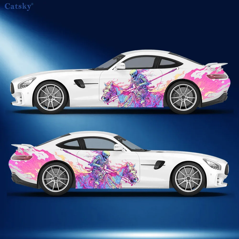 2pcs Skeleton Riding a Horse Car Side Car Wraps, Self-Adhesive PVC Waterproof & Scratch-Resistant Stickers, Car Accessory Gift