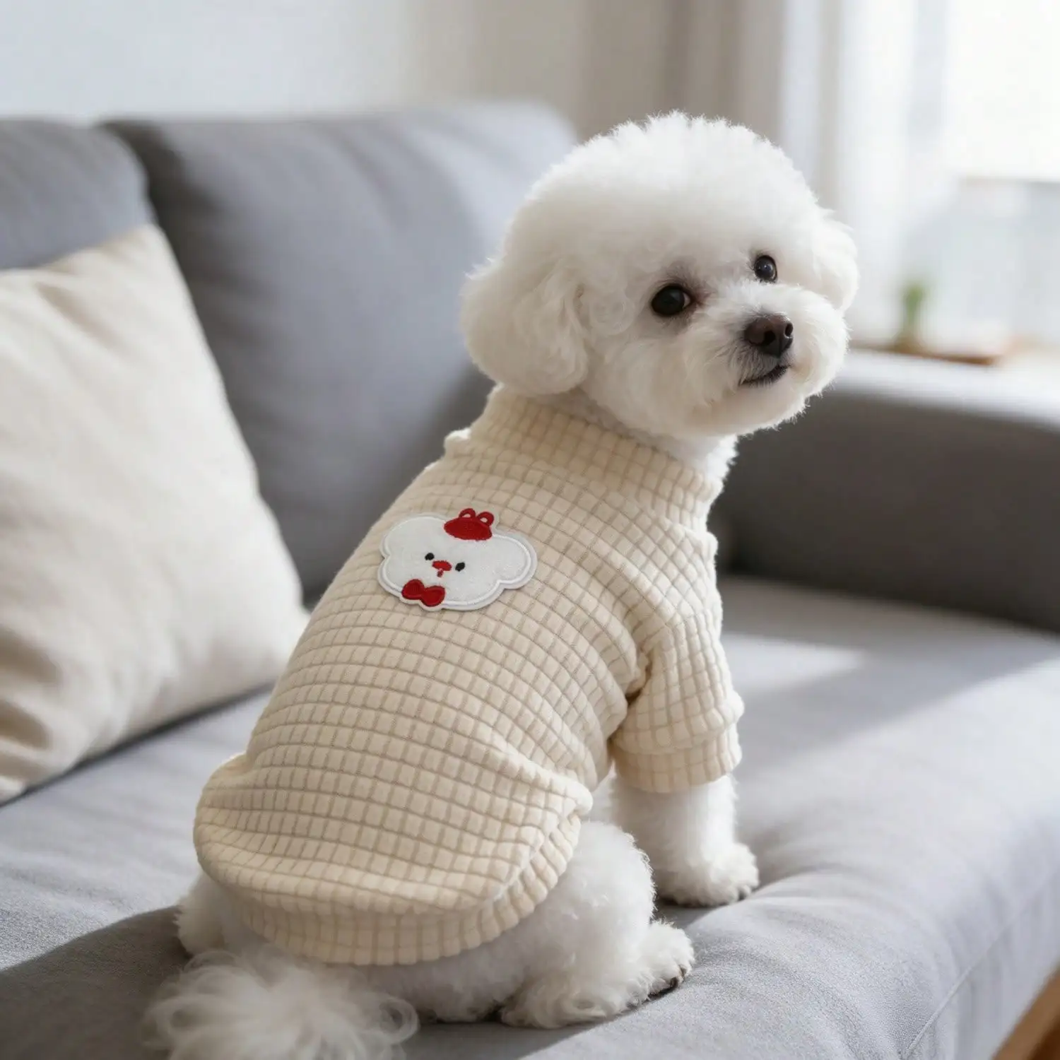 1PC Cloud Cartoon Patch Waffle Knit Dog Shirt, Soft Half High Collar Pet Outfit for Small Dogs