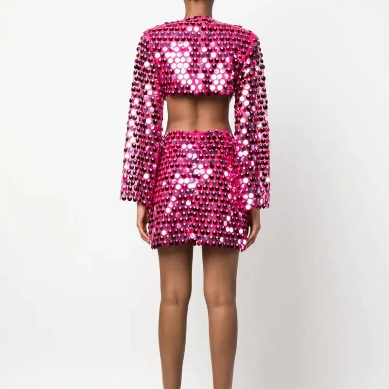 Vestido corto Irregular con lentejuelas y manga acampanada para mujer, minivestido Sexy con cuello redondo, Color liso, primavera y verano, 2024