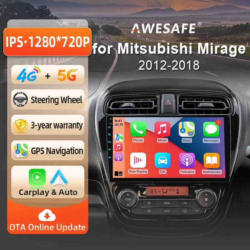 Autoradio Android AWESAFE 9 pouces pour Mitsubishi Space Star A0 Mirage Attrage 2012-2018, CarPlay sans fil et Android Auto, navigation GPS, support multimédia, commande au volant, amplificateur de subwoofer, caméra arrière avec CAN-BUS, prise EU, Plug and Play, DAB+, autoradio numérique BT