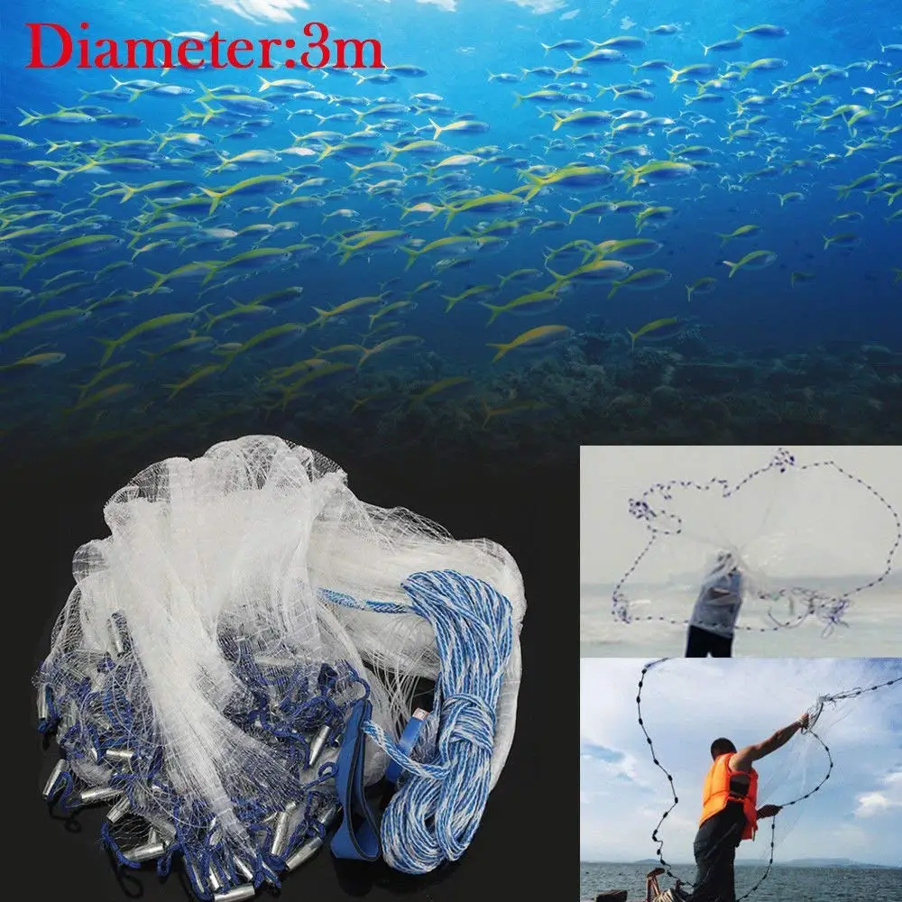 Fishing Net, 10Ft/14Ft/18Ft/22Ft Hand Mesh Cast Net Saltwater Clear Bait Casting Net W/Hollow Sinker