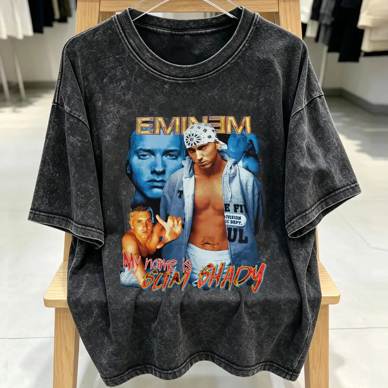 washed T Shirt Eminem size large double sided rap Boot Slim Shady big face long or short sleeves vintage Washed fashion Casual