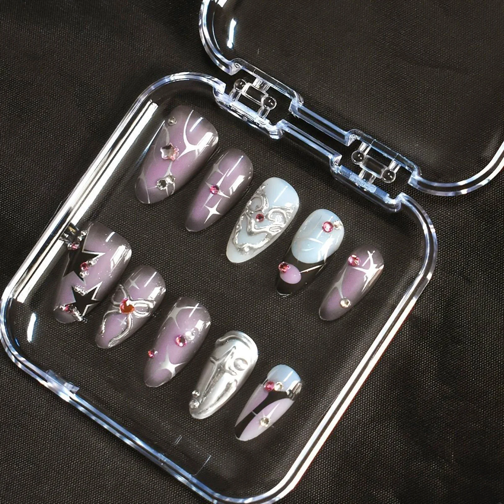 10 قطعة Y2K الفتيات اليدوية الصحافة على الأظافر نجمة فضية تصاميم أحمر الخدود الوردي اللوز السحر الأظافر وهمية لامعة الماس ديكور رسومات أظافر #4