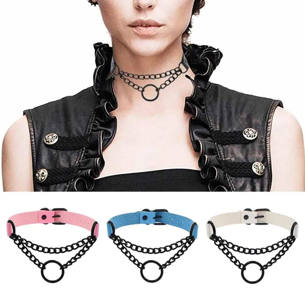 Durable Choker Accessory Faux Leather Choker Necklace with Adjustable Metal O-ring Punk Emo Chain Collar Jewelry for Women Men