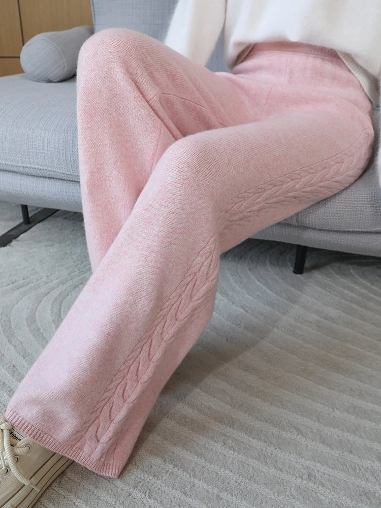 100% Merino Wool Wide Leg Pants Women's Elastic Waist Twist Flower Jacquard Trousers Autumn Winter Soft Solid Knitted Wool Pants