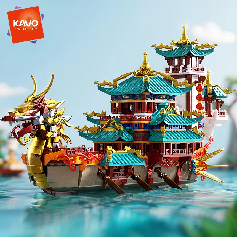 

KAVOWORLD 2453PCS Chinese Dragon Boat Building Bricks Model Traditional Architecture STEM Toy Ideal Gift for Office Home Decor