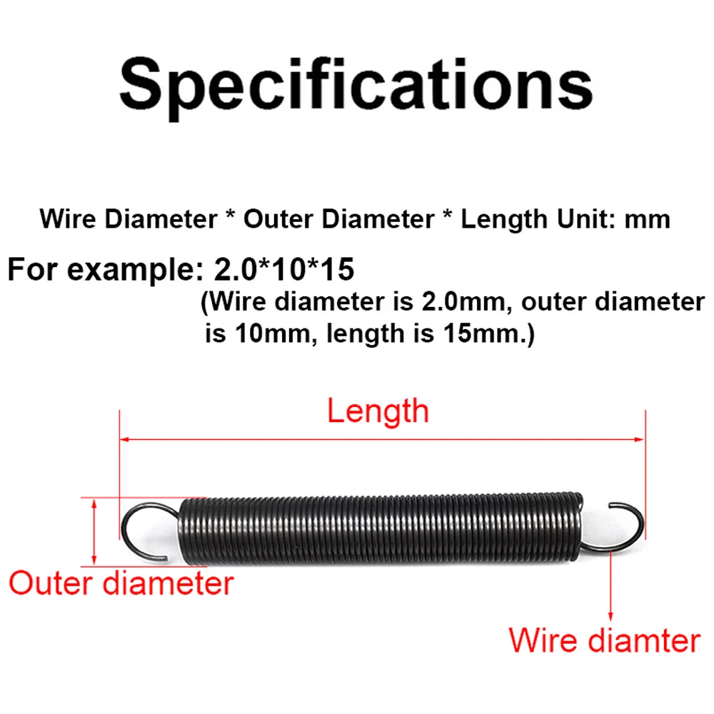10Pcs WD 1.5mm Dual Hook Tension Spring OD 11/13/15mm Pullback Springs Extension Spring Length 50-300mm Hardware Accessories