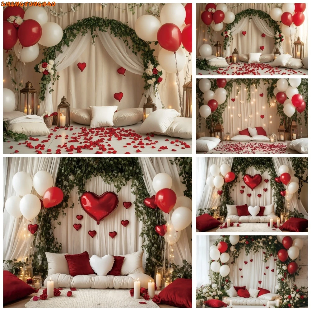 

Wedding Portrait Photography Backdrop Romantic Valentine's Day White Curtains Love Balloon Rose Flowers Party Decor Background