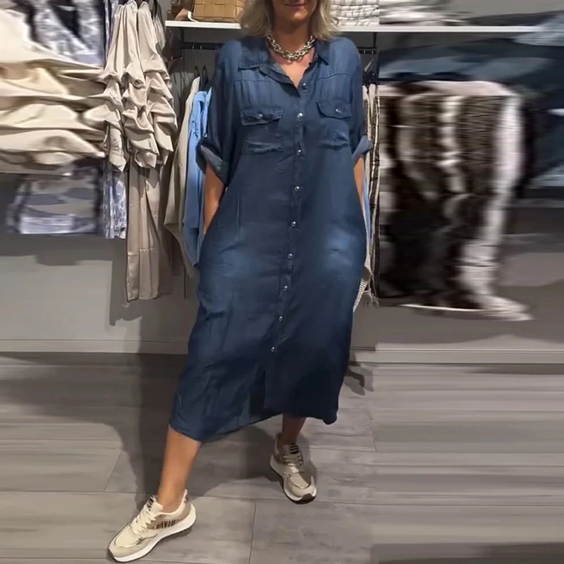 Elegant หลวม A-Line Retro Jean ชุดสํานักงาน Lapel ครึ่งแขน DENIM ชุดผู้หญิงแฟชั่นเดี่ยว Boho ชุดยาว