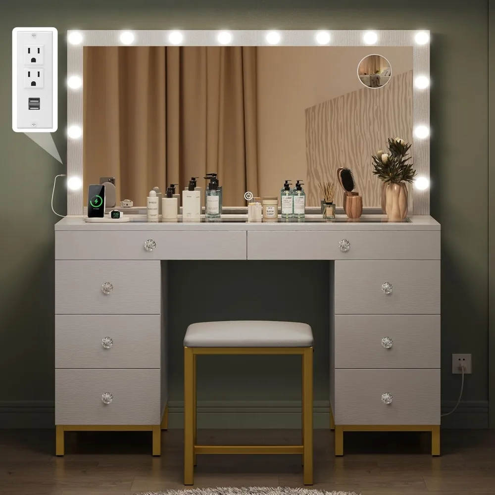 The Dressing Table Comes with A Mirror, Power Sockets, and 14 Lights. It Has 8 Drawers and 3 Lighting Colors