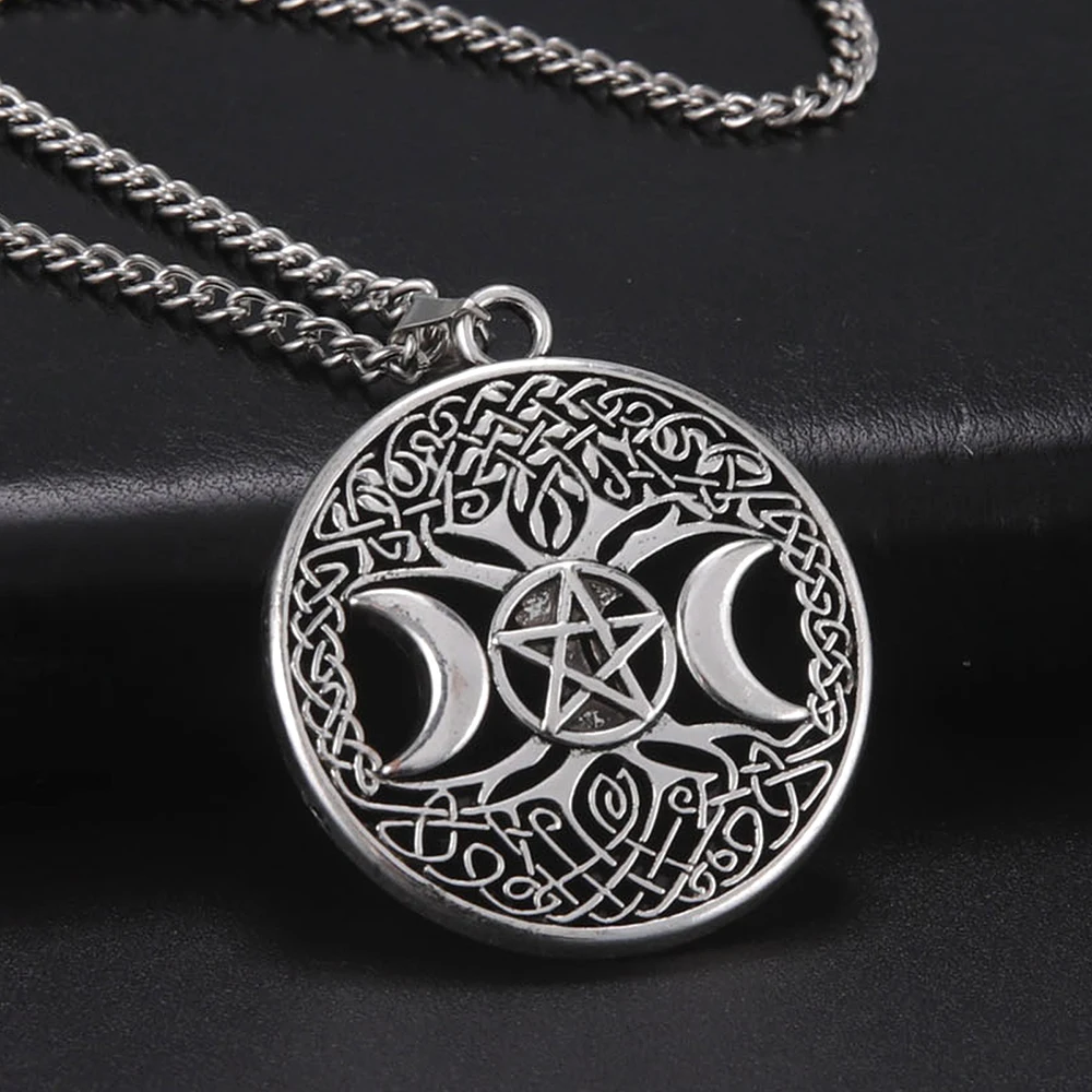 Dawapara Triple Moon Goddess Pendant Tree of Life Necklace Pentacle Pentagram Wiccan Good Luck Amulet Pagan Jewelry