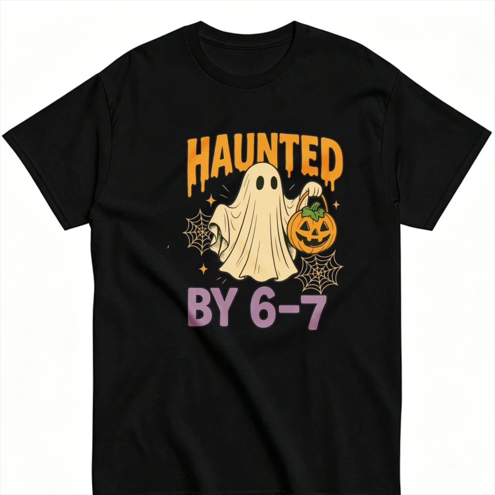 Halloween Haunted By 6‑7 Graphic T‑Shirt Cute Ghost Holding Pumpkin Candy Bucket Spider Web Retro Drip Letter Spooky Casual Tops