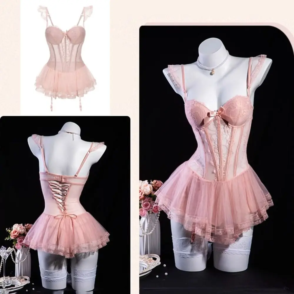 

Homewear Bow Lace Nightgown Transparent Sleeveless Women Lingerie Mesh Nightwear Lace Sling Nightdress Gift