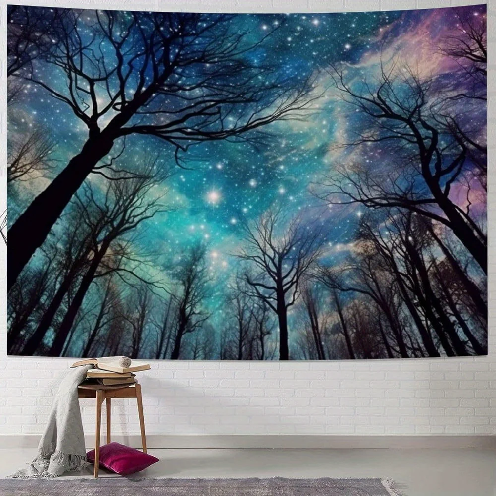 1 قطعة مسحور الغابات المرصعة بالنجوم ليلة نسيج الجدار الشنق-60x40 بوصة فن السماء الكونية نابضة بالحياة ، قماش ممتاز ديكور جدار داخلي fo #1