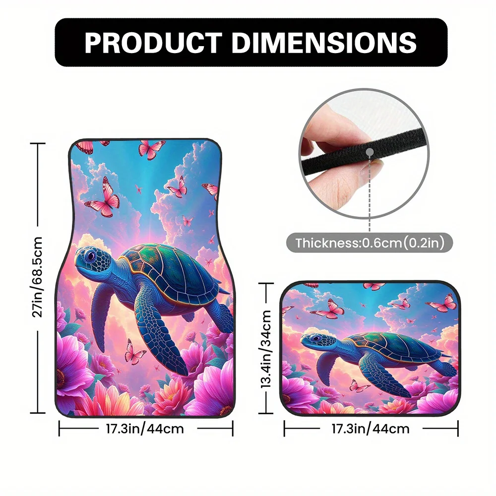4pcs Car Floor Mats With Fantasy Marine Turtlework Pattern - Vibrant Pink & Floral Design, Durable Polyester, Fit For Sedans & M