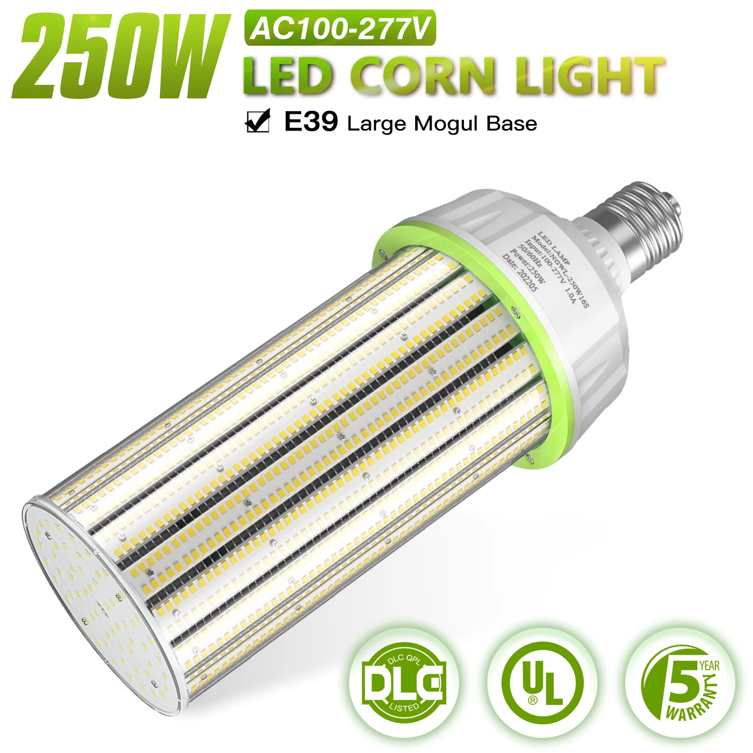 250W LED Corn Light Bulb 100-277V E39 Super Bright 33500LM High Bay Light for Warehouse Workshop Backyard Lot Retrofit