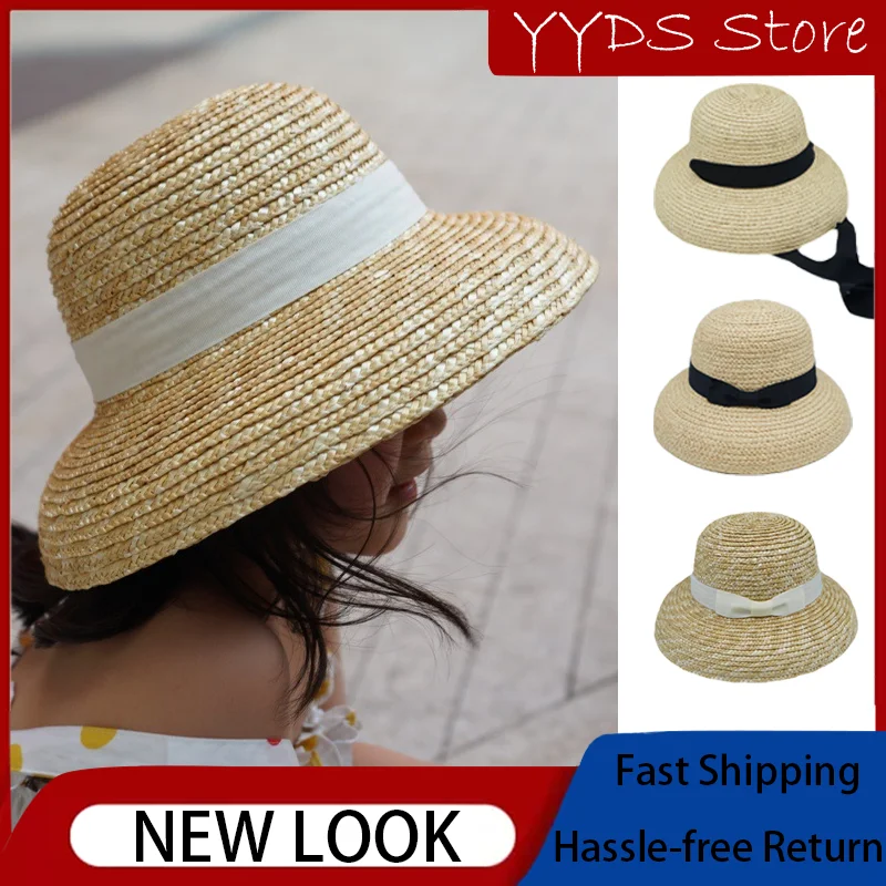 

French Vintage Big Brim Fisherman Top Hat Children's Straw Bell Pot Hat Parent-child Bell Pot Hat Beach Straw Hat