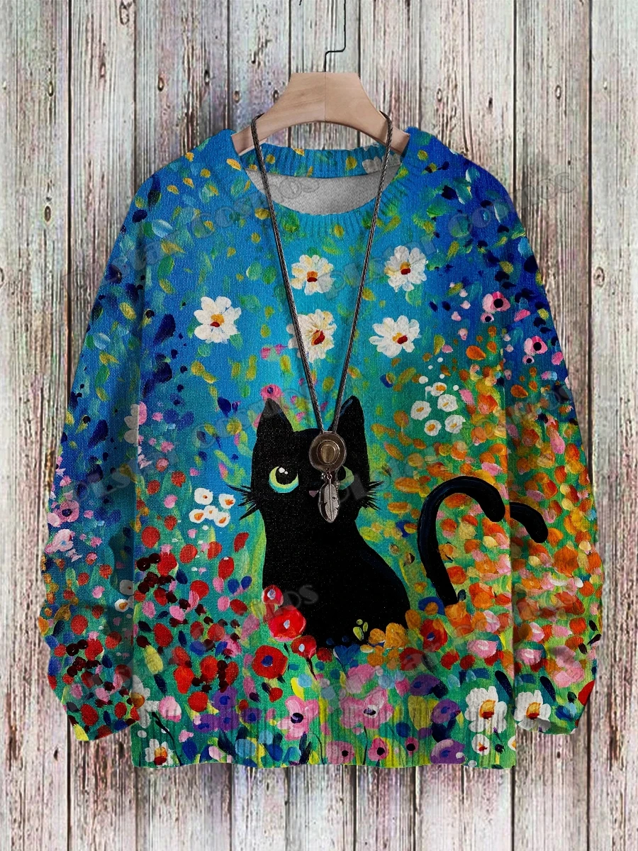 Oil Painting Black Cat & Funny Cat Smoking Art 3D Printed Mens Knitted Pullover Winter Unisex Casual Knit Pullover Sweater ZZM85