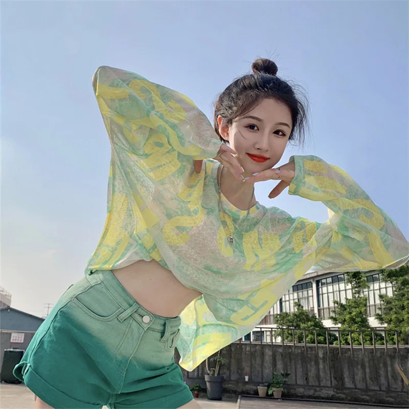 

Summer Thin Cover-Up Pullover Ice Silk Sun Protection2025Korean Style Loose Mesh Long Sleeve Summer Women