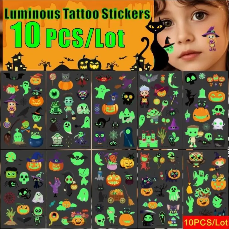 

Тема Хэллоуина, тыква, летучая мышь, призрак, узоры, светящиеся татуировки, наклейки, 10 шт., светящиеся в темноте, водонепроницаемые, для тела, лица, товары для вечеринок
