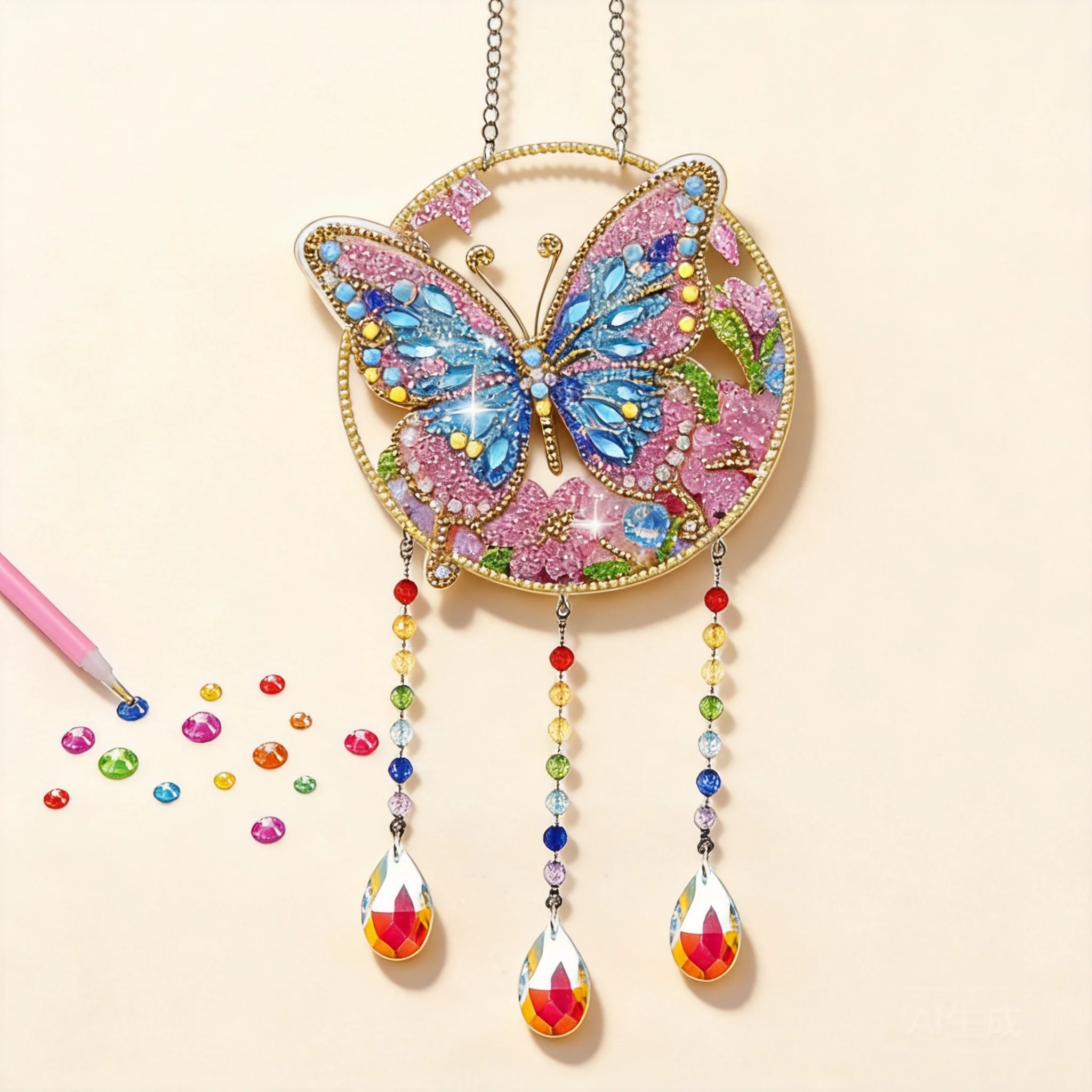 3 Pcs Chinese Auspicious Style 5d Diamond Painting Butterfly Wind Chime Diy Crystal Pendant Lucky Blessing Hanging Ornament For