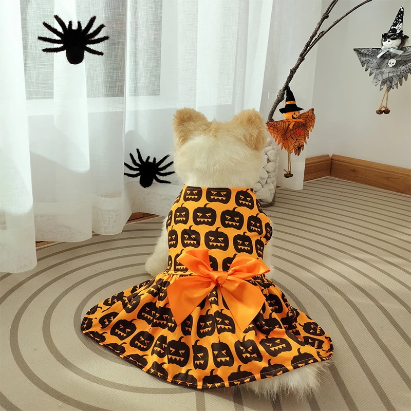 New Funny Halloween Pet Dress With Pumpkin Ghost Print Dog Clothes Clothes Skirt For Small Medium Puppy Bow Mesh Party Clothing