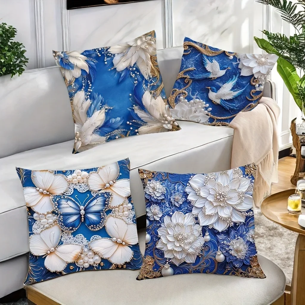 

Ice blue carved decorative pillowcase, ultra-soft polyester material living room sofa backrest car pillowcase home decoration