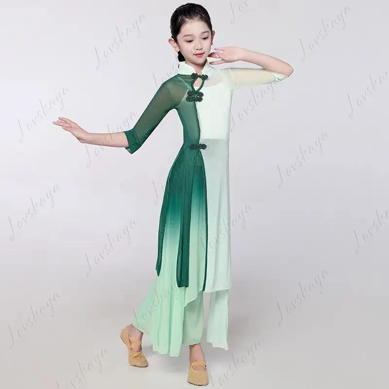 Traje de performance de dança clássica infantil, vestido de seda estilo cheongsam, traje de treinamento étnico fluindo estilo chinês para meninas