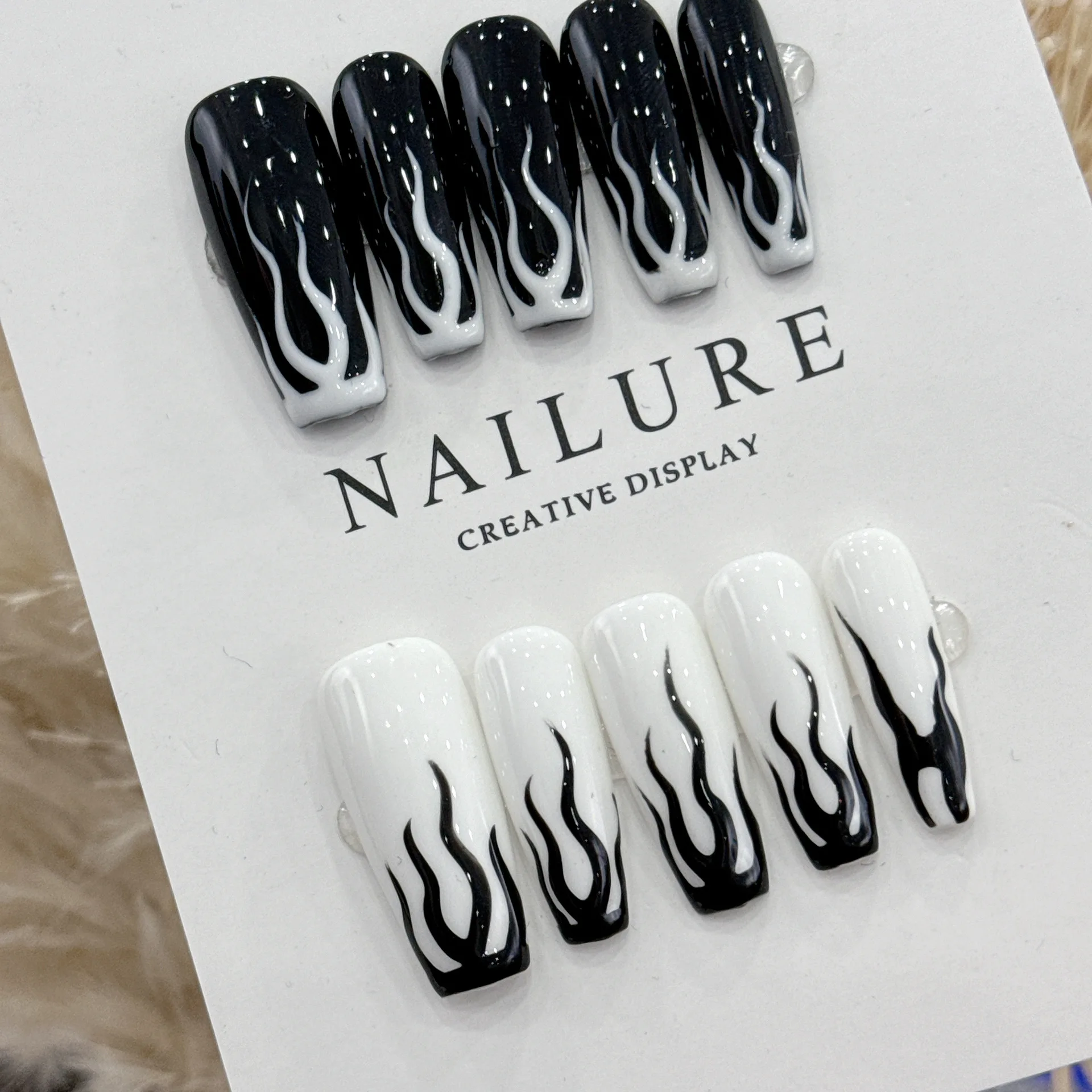 10Pcs Cool Black White Flame Long Ballet Fake Nails Girls Square Head Full Cover Detachable Finished Fingernails Press on Nail