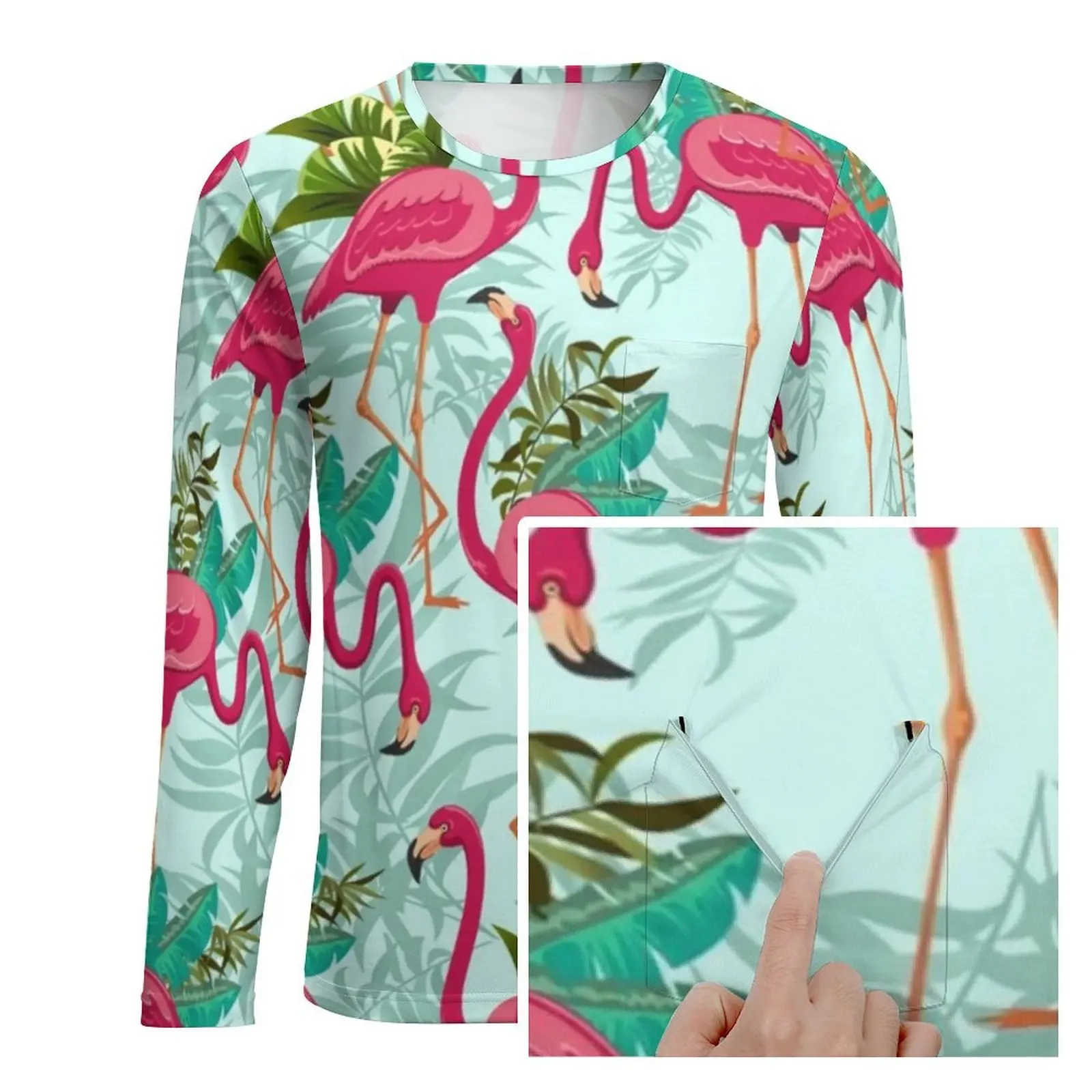 Pink Flamingo T-Shirt Exotic Birds Print Trendy T Shirts With Pocket Long Sleeve Design Tshirt Daily Classic Big Size Clothes