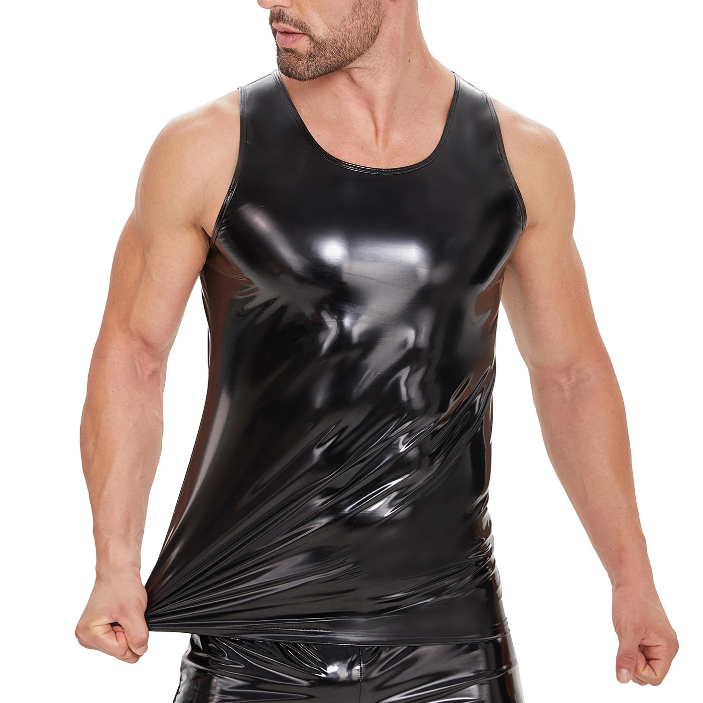 Plus Size Mens Shiny PVC Leather Tank Tops Glossy Nightclub Dance Sleeveless T-Shirts Male Wetlook Latex O-neck Vest Undershirts