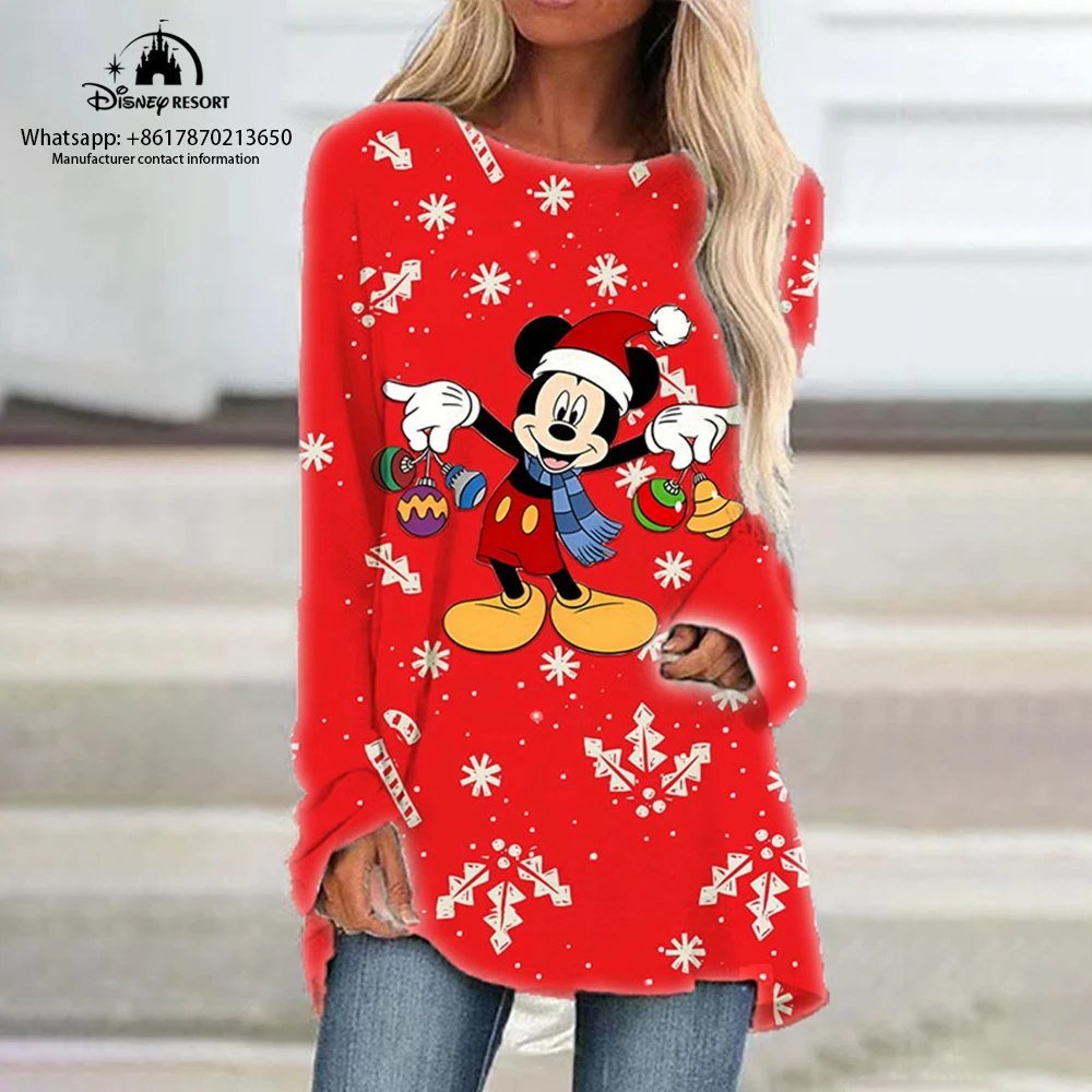 Autumn Christmas New Ladies Round Neck Loose Long Sleeve T-Shirt Disney Minnie Anime Fashion Casual Raglan Sleeve Dress