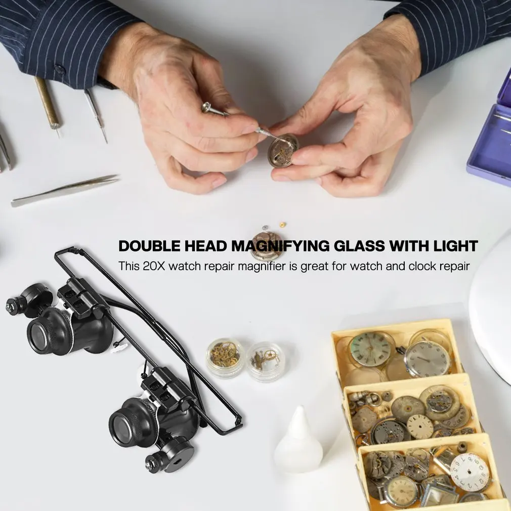 New Magnifier Magnifying Glasses Watch Repair 20X Glasses Dual Eye Jewelry With 2 LED Lights Loupe Lens For Dental Applications