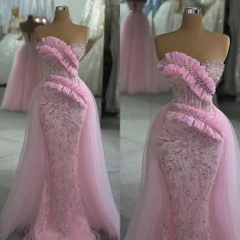 

Lavish Strapless Mermaid Prom Dress Crystal Sequin Ruffled Tulle Formal Gown for Evening Occasions & Ceremonies Customized
