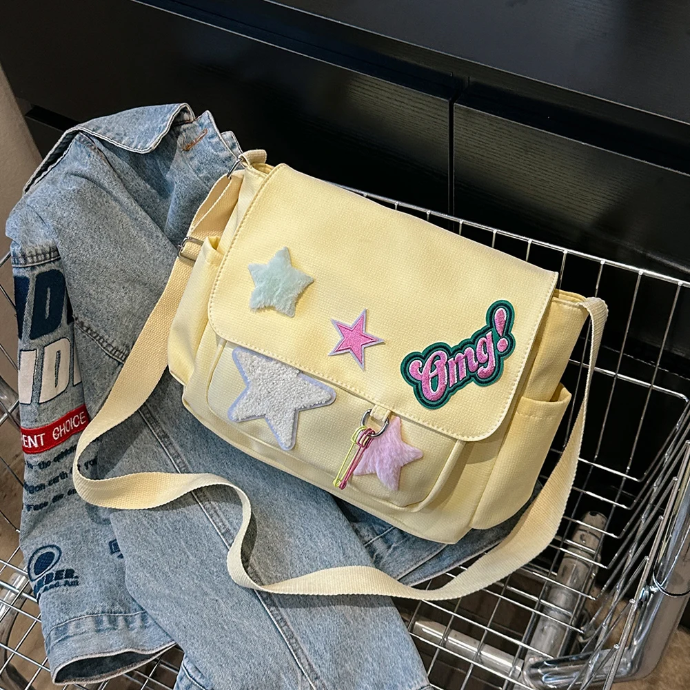 Women Cute Messenger Bag Large Capacity Canvas Student School Bag Star Letter Applique Candy Color Leisure Travel Outdoor Bag