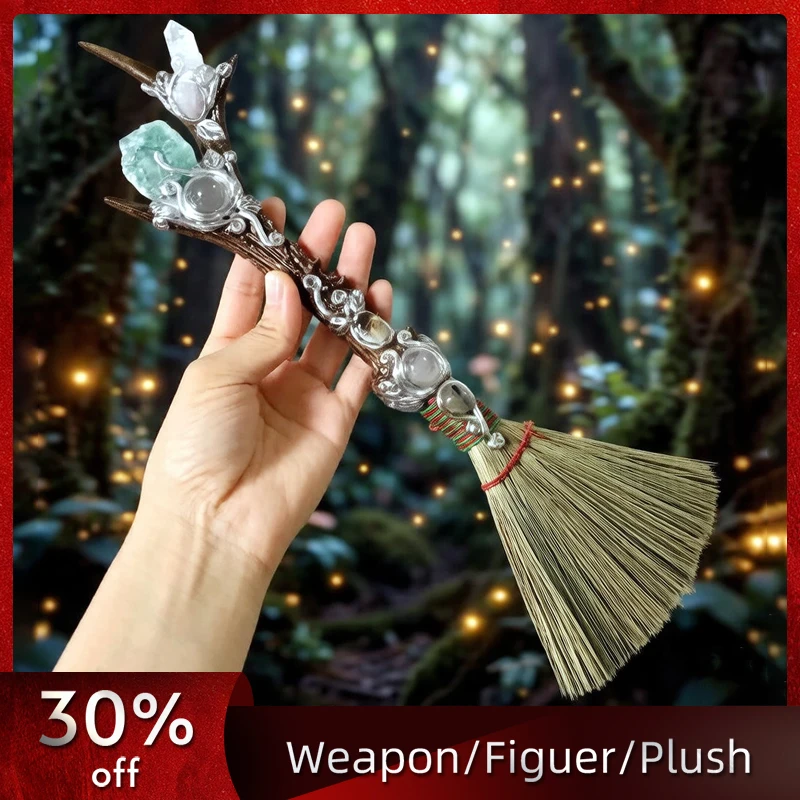 36cm Crystal Deer Antler Witch Broom Magic Staff  Fantasy Staff Handmade Wizard Prop Halloween Cosplay Decor Gift Collection Toy
