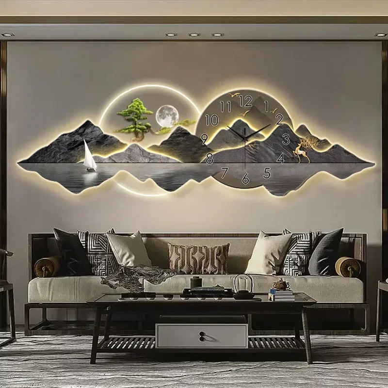 

【Hot Sale】Modern Chinese Painting With Clock LED Light Flowing Water Wealth Landscape Sofa Background Wall New Asian Style Deco