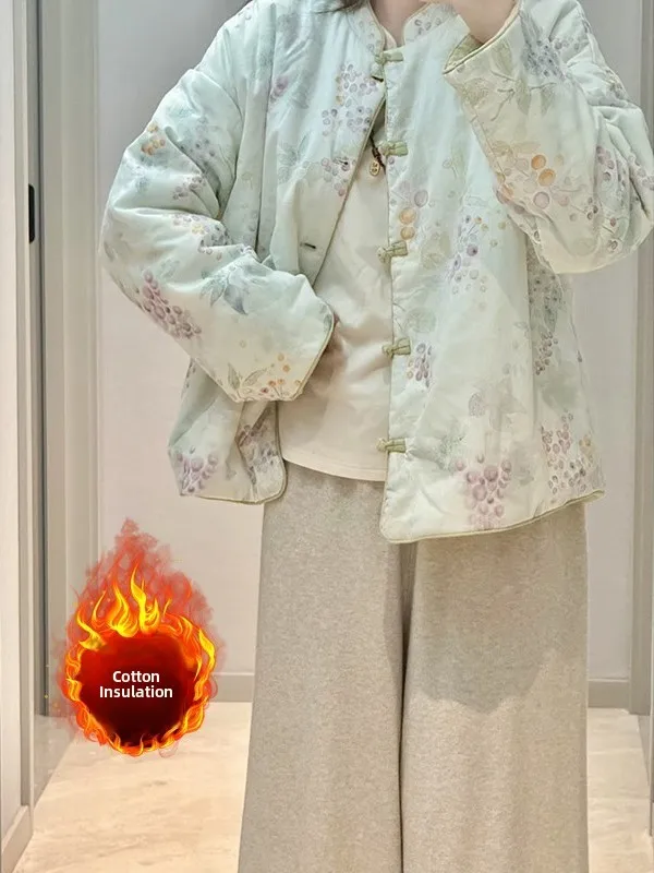 

Новый китайский хлопково-льняной костюм с принтом Thiened, маленький джат с воротником-стойкой, зимний цветной костюм Тан, хлопковая одежда